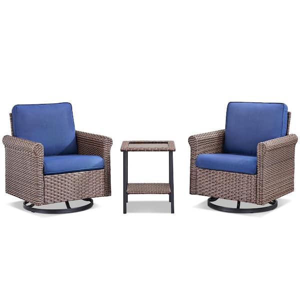 Buenaola 3-Piece Brown Wicker Outdoor Rocking Chair Set with Side Table, Patio Swivel Glider Chairs with Blue Cushions