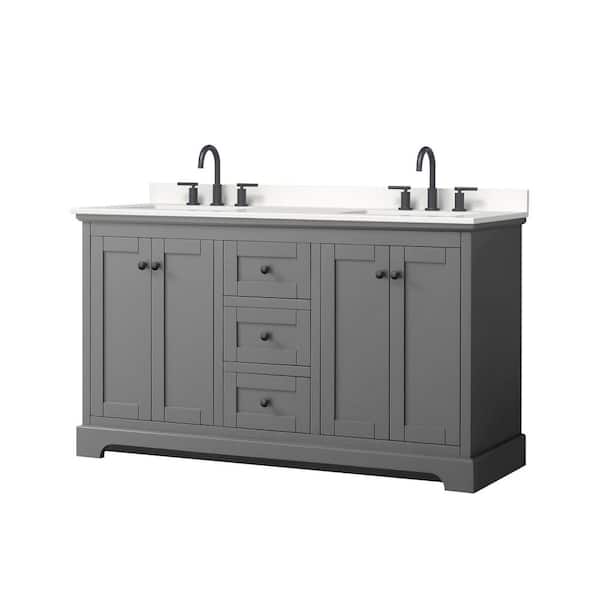 Wyndham Collection Avery 60 in. W x 22 in. D x 35 in. H Double Bath Vanity in Dark Gray with White Quartz Top