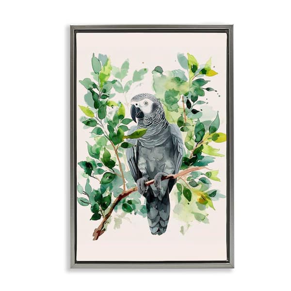 Stupell Industries Tropical Perched Parrot by LSR Design Studio Gray Floater Frame Animal Graphic Art Print 25 in. x 17 in.
