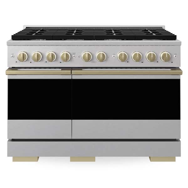 Autograph 48 in. 6.7 cu. ft. Marino Freestanding Gas Range with 8 Burners in Satin Stainless Steel and Bronze Accents