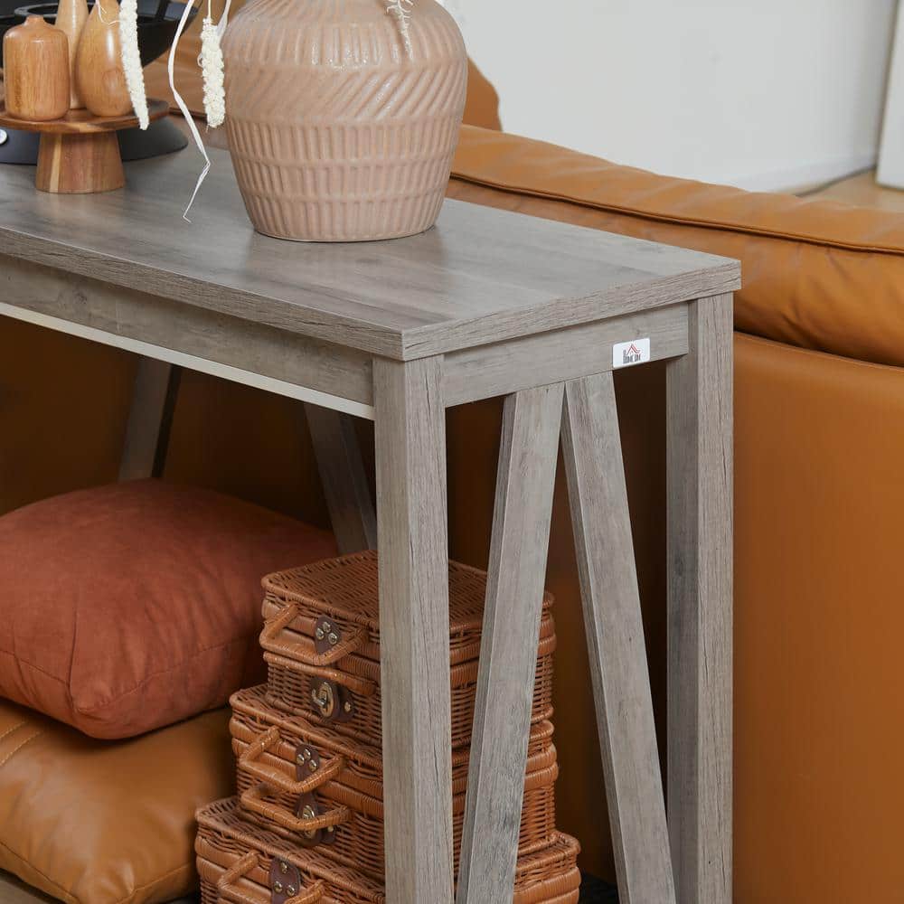 Gray Wood Farmhouse Console Table with Storage Shelf