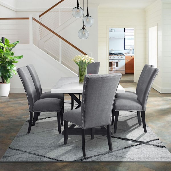 Hanover Capri 7-Piece Dining Set with Linen Side Chairs, Natural Marble  Table Top and Wood Trestle Base