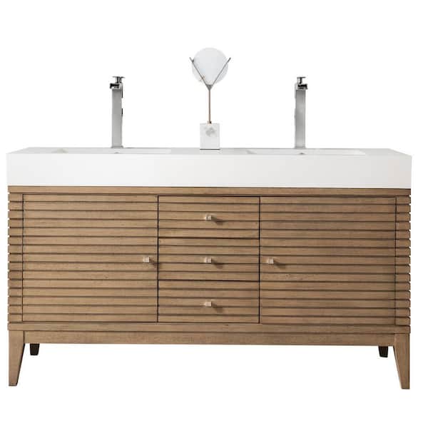 James Martin Vanities Linear 59 in.W x 19.5 in.D x 34.3 in.H Double Bath Vanity in Whitewashed Walnut with Top in Glossy White