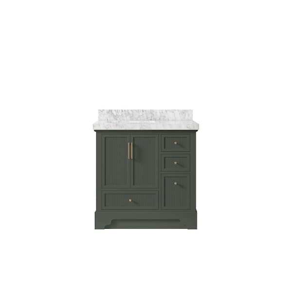 Willow Collections Alys 36 in. W x 22 in. D x 36 in. H Left Offset Single Sink Bath Vanity in Pewter Green with 2" Carrara Marble Top