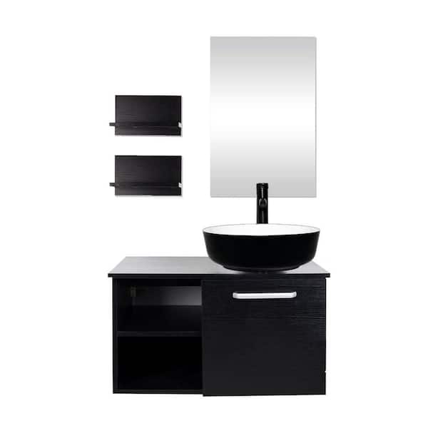 28 in. W x 19 in. D x 16 in. H Single Sink Bath Vanity in Black with Black Solid Surface Top and Mirror