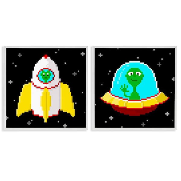 Stupell Industries Pixel Alien Spaceships by June Erica Vess 2 Pieces White Framed Fantasy Giclee Art Print 12 in. x 12 in.