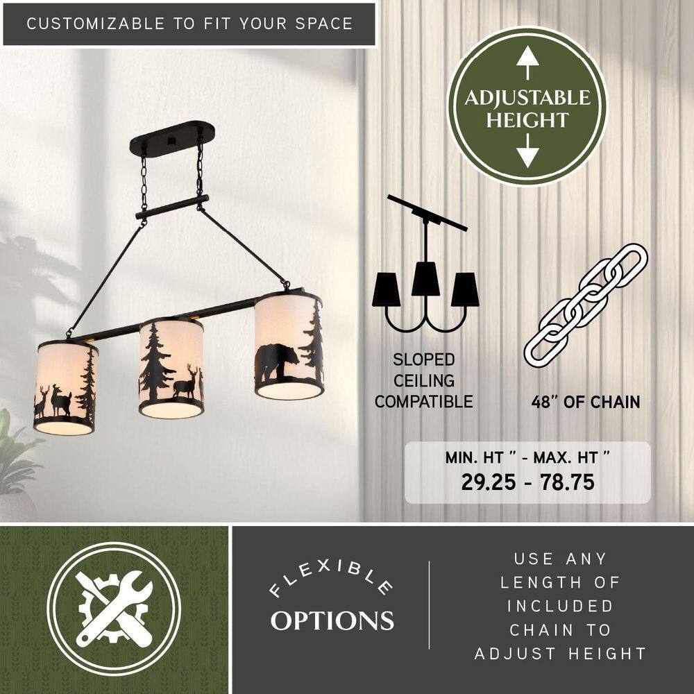 Acadia Bronze 3-Light Rustic Linear Chandelier with Linen Shades