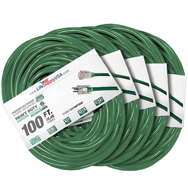 LifeSupplyUSA 100 ft. 12-Gauge/3 Conductors SJTW Indoor/Outdoor Extension Cord with Lighted End Green (5-Pack)