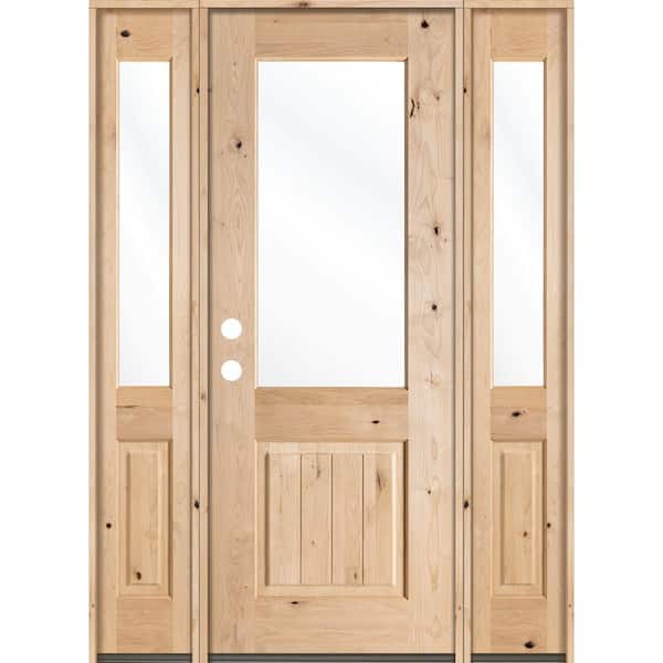 Krosswood Doors 60 in. x 96 in. Rustic Alder Half Lite Clear Low-E V-Grooved Unfinished Wood Right-Hand Prehung Front Door/Sidelites