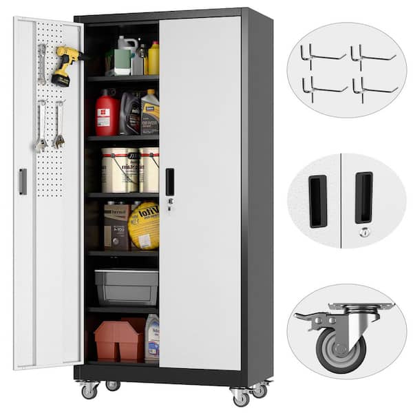 71 in. H x 32 in.W x 16 in. D Metal Garage Storage Freestanding Cabinet with Pegboards, Shelves, Hooks in Black and Gray