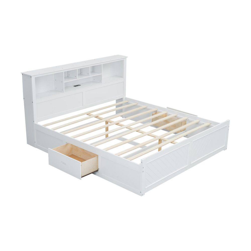 Wood Frame King Size Platform Bed with Multi-Storage Headboard, USB and Drawers - thumbnail 3