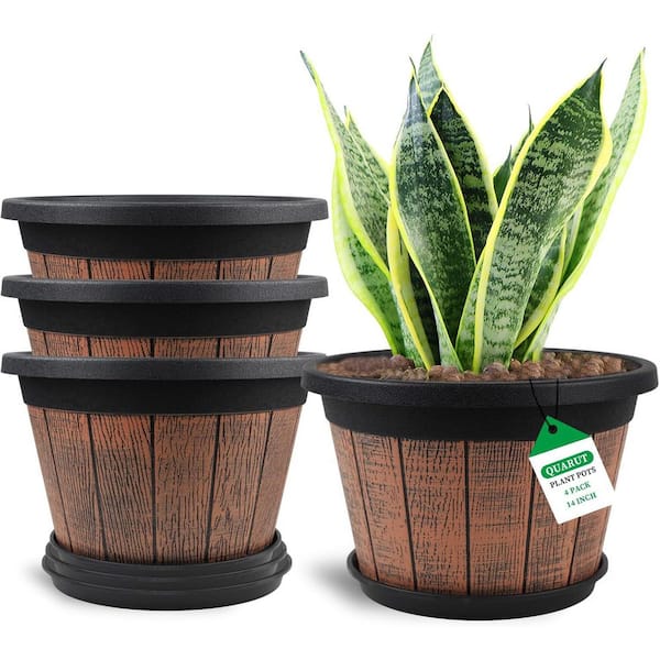 4-Pack 14 in Whiskey Barrel Planters with Saucers, Brown Plastic Flower Pots for Garden, Balcony and Patio Decor