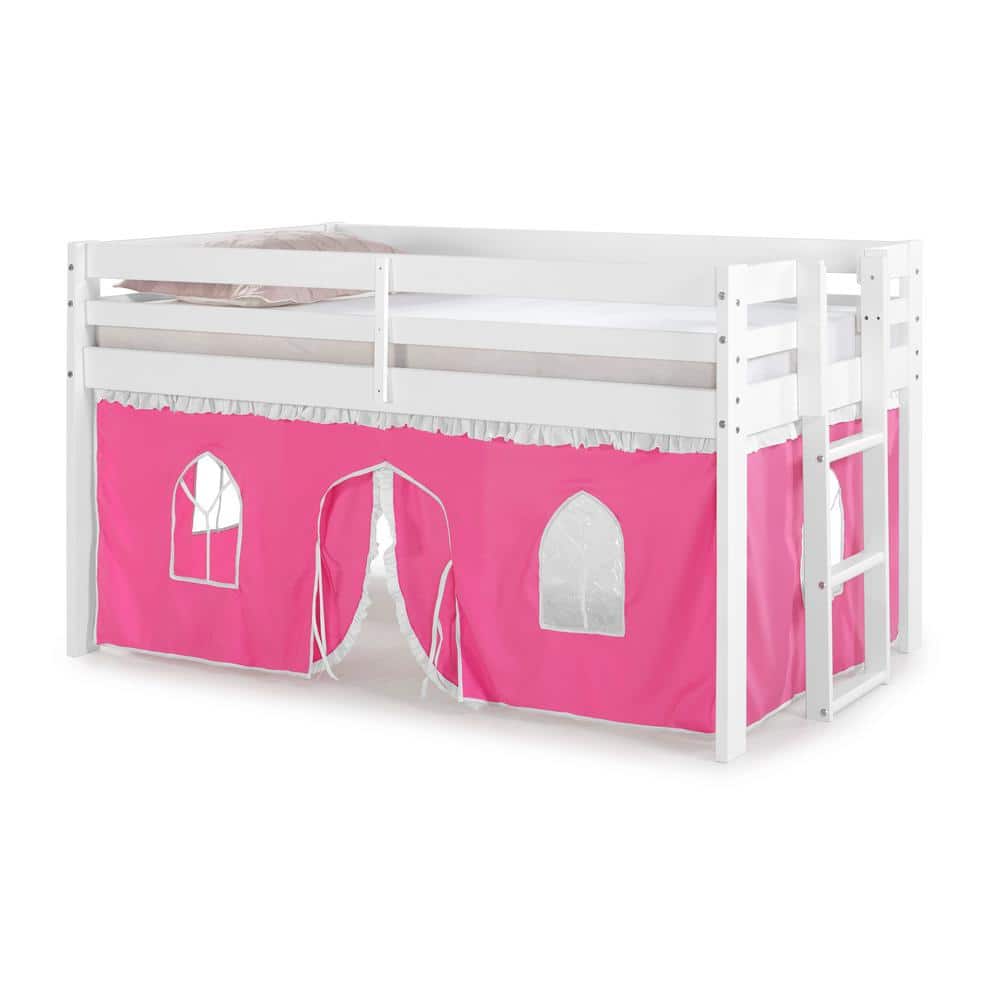 White Twin Pine Loft Bed with Pink Playhouse Tent
