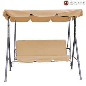 Khaki 3-Person Steel Frame Patio Porch Swing Chair with Removable Cushion & Convertible Canopy