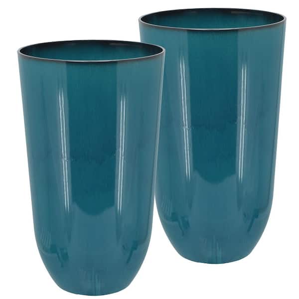 15 in. x 15 in. x 25.5 in. Tall Round Teal Plastic Planter Pots for Indoor/Outdoor Plants (2-Pack)