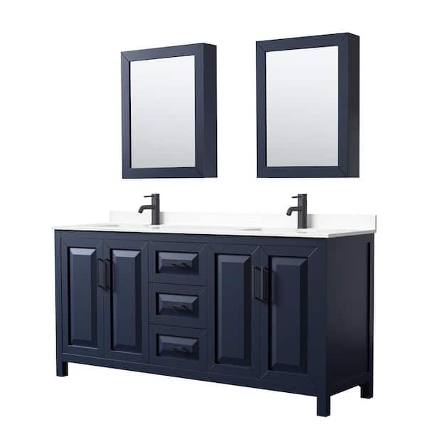 Wyndham Collection Daria 72 in. W x 22 in. D x 35.75 in. H Double Bath Vanity in Dark Blue with White Cultured Marble Top and MC Mirrors