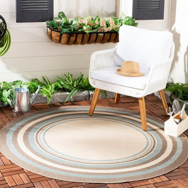 Courtyard Beige/Blue 5 ft. x 5 ft. Round Border Indoor/Outdoor Patio  Area Rug
