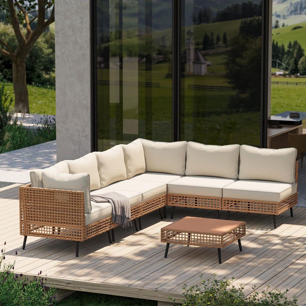 7-Piece Wicker Openwork Outdoor Sectional Set with Beige Cushions and Coffee Table, for Gardens and Courtyards