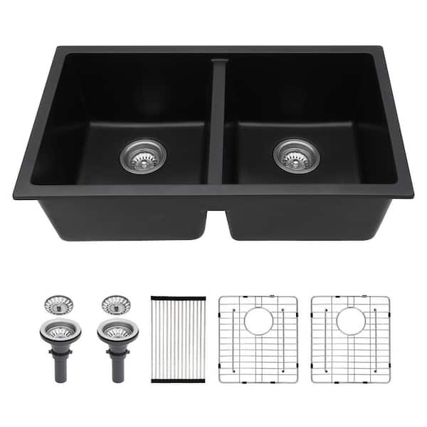 33 in. Undermount 50/50 Double Bowl Quartz Kitchen Sink in Black with Bottom Grids and Drain Accessories