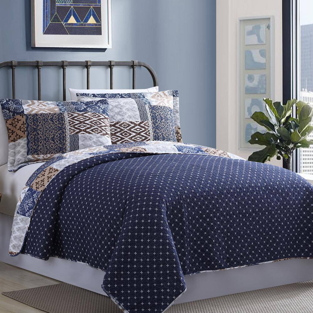 Blue and Beige Cotton Reversible Full Quilt Set