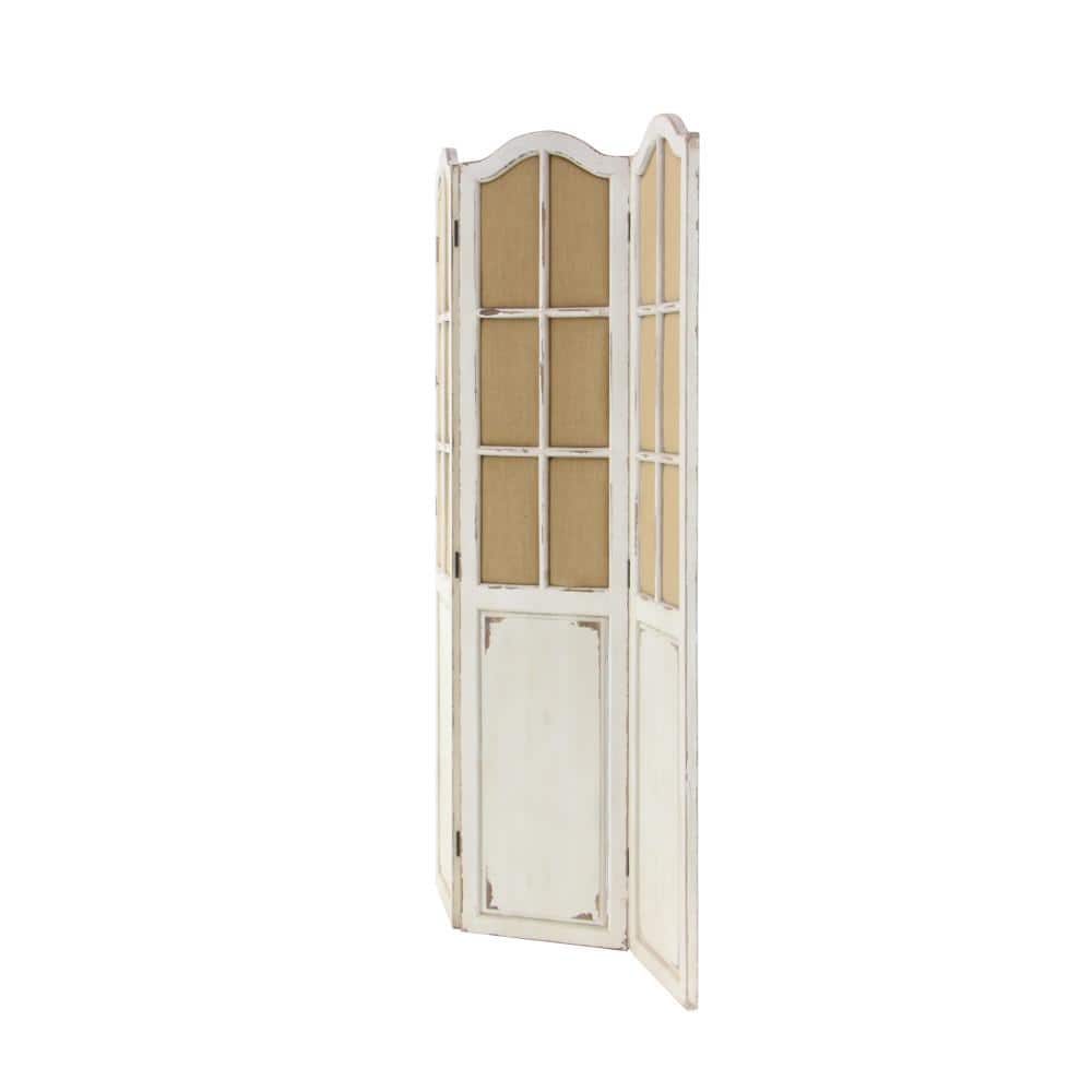 Beige and White Fir Wood Triple Panel Folding Privacy Screen