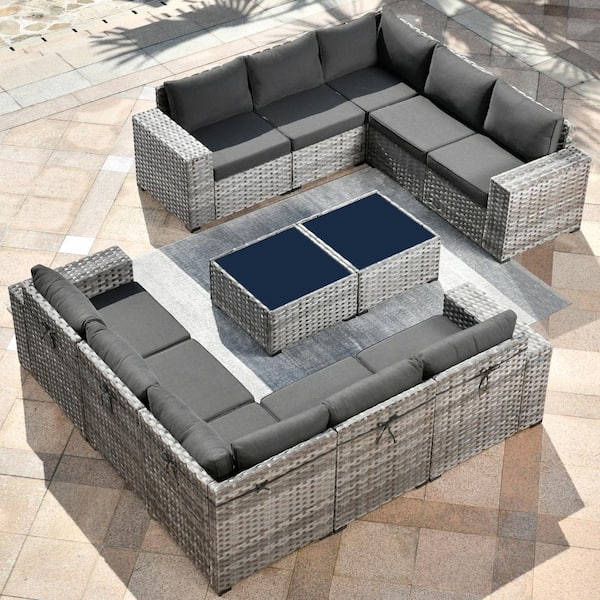 HOOOWOOO Crater Gray 12 Piece Wicker Outdoor Wide Plus Arm Patio