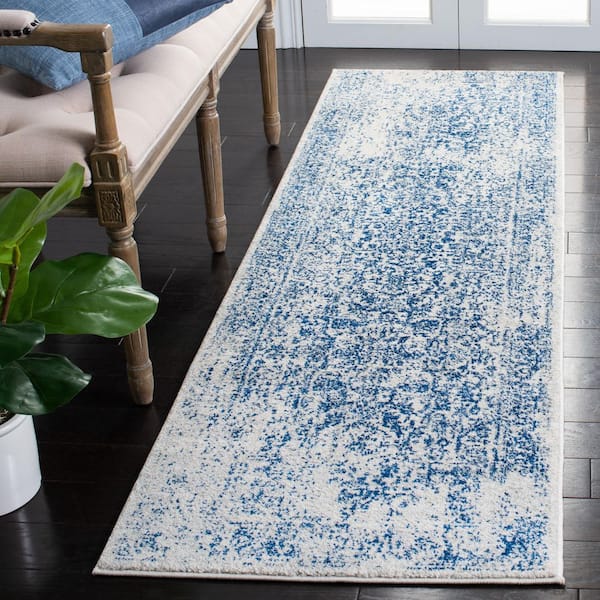 Evoke Ivory/Navy 2 ft. x 7 ft. Distressed Border Medallion Runner Rug