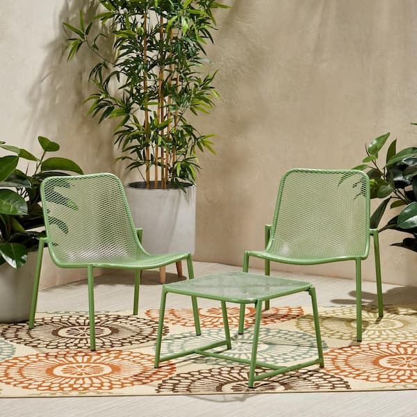 Noble House Bucknell Matte Green 3-Piece Metal Patio Conversation Seating Set