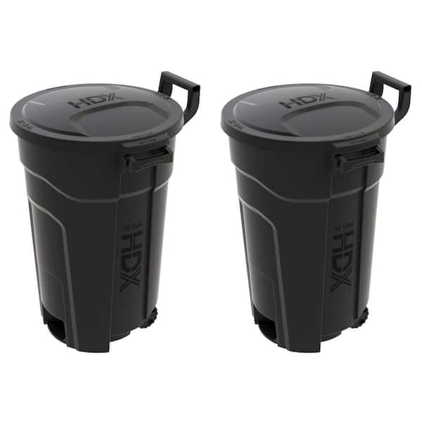 32 Gal. Black Outdoor Vented Trash Can with Wheels, Domed Lid, Rounded Handles, and Reinforced Foothold (2-Pack)