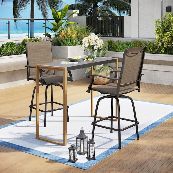 Black 3-Piece Metal Rectangle Outdoor Patio Bar Set with Sea Stone Tabletop and Swivel Bistro Chairs