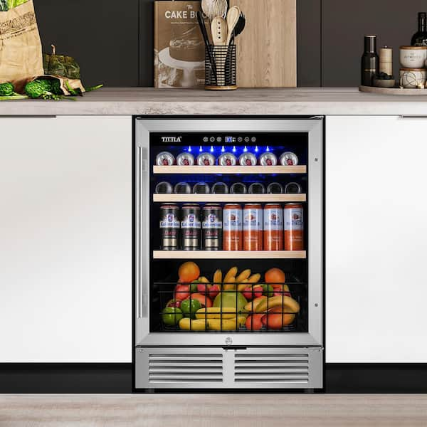 24 in. Single Zone 150-Can Beverage Refrigerator in Silver with 2-Different Door Handles Built-in Beverage Cooler