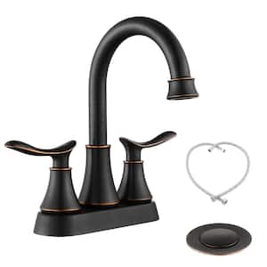 4 in. Centerset Double Handle Mid Arc Bathroom Faucet with Drain Kit Included and Supply Hose in Oil Rubbed Bronze