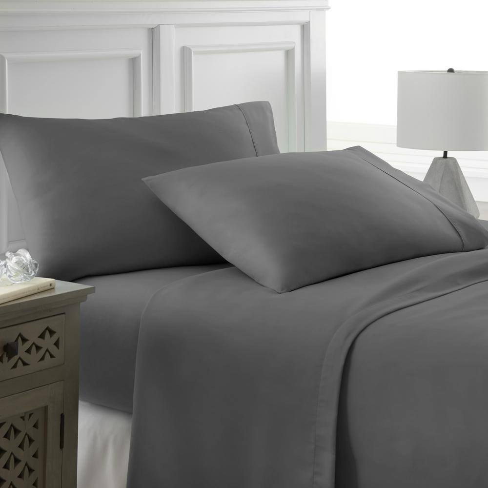 Gray Full Size Cotton Polyester Microfiber 4-Piece Bed Sheet Set