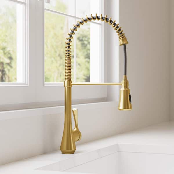 Single Handle 22.5 in. H Pull Down Sprayer Kitchen Faucet with 2-Function 360° Swivel Spout in Brushed Gold