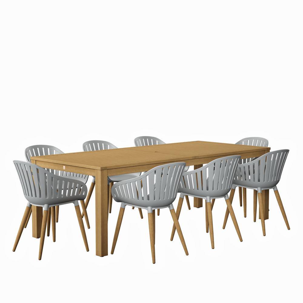 Amazonia Fulton 9-piece wood outdoor dining set with a rectangular table and eight grey chairs.