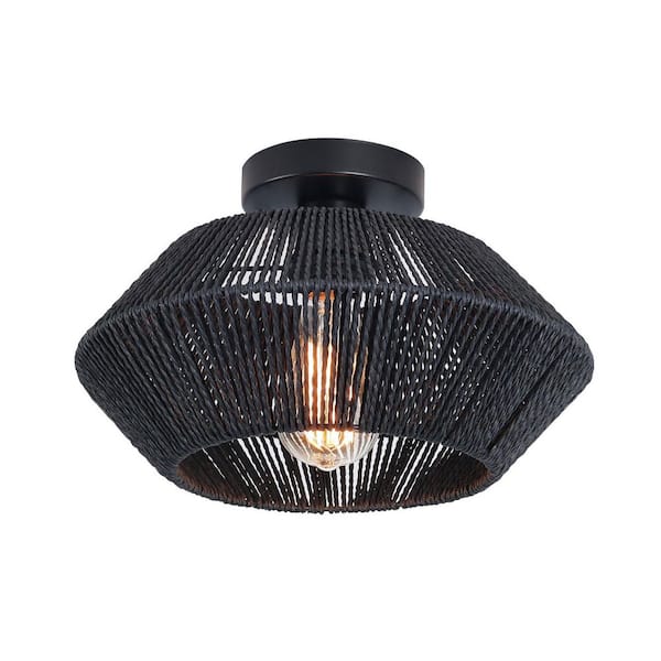 13 in. 1-Light Black Rattan Cage Farmhouse Semi-Flush Mount for Dining Room Bedroom Entrance