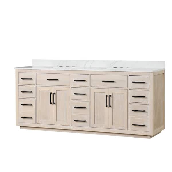 WELLFOR 84 in. W x 22 in. D x 36 in. H Double Sink Freestanding Bath Vanity in Light Oak with White Quartz Top