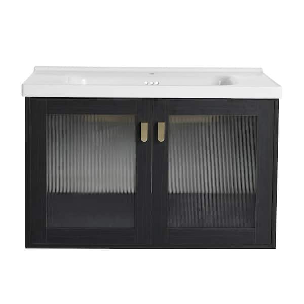 32 in. W x 18.7 in. D x 20.7 in. H Wall Mounted Bath Vanity in Black with White Ceramic Top