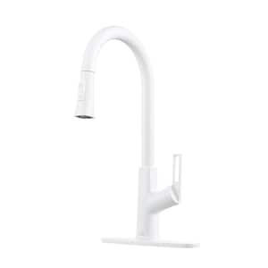 2-Spray Patterns Single Handle Pull Down Sprayer Kitchen Faucet with Deckplate and Water Supply Hoses in Matte White