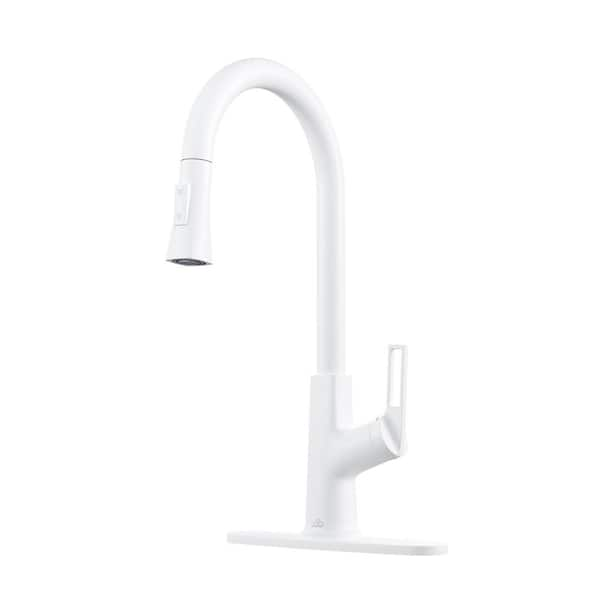 2-Spray Patterns Single Handle Pull Down Sprayer Kitchen Faucet with Deckplate and Water Supply Hoses in Matte White