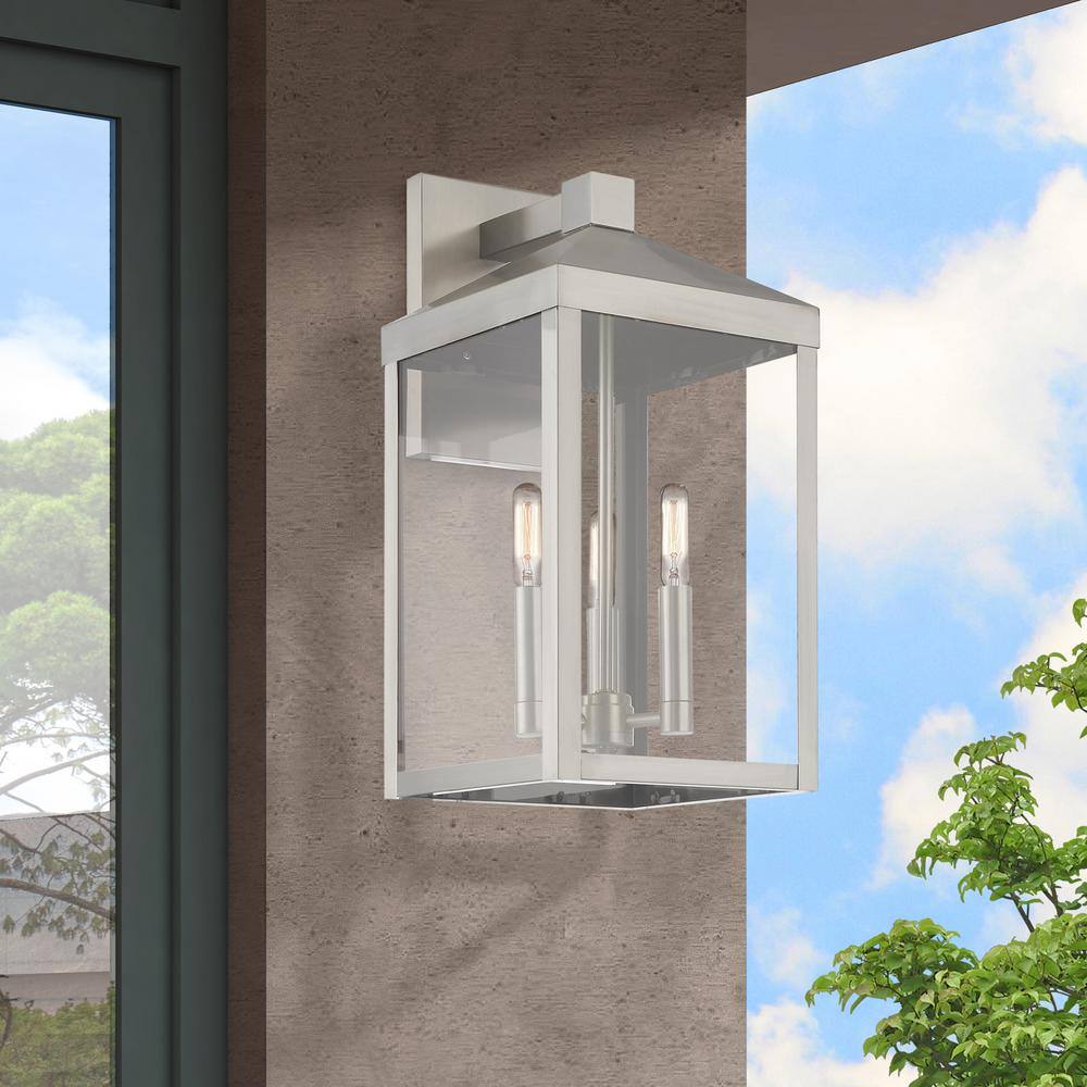 Brushed Nickel 3-Light Outdoor Wall Lantern with Clear Glass