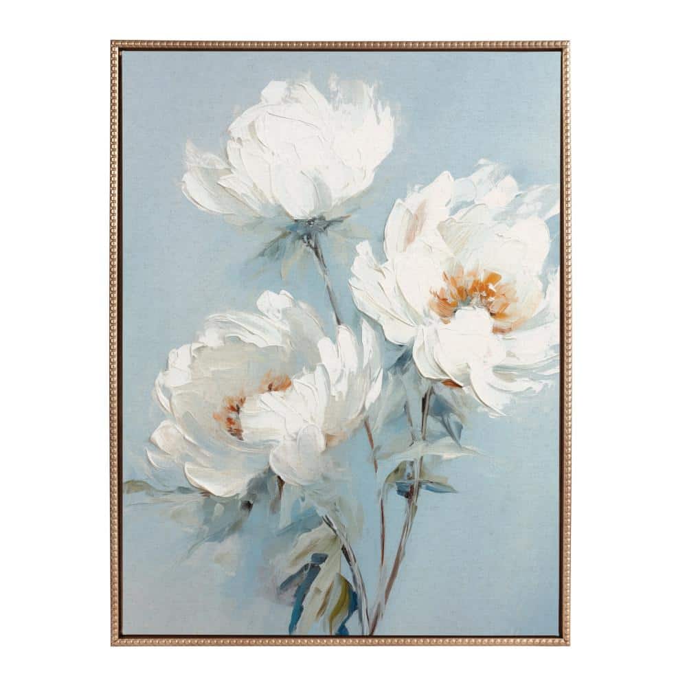 White Peonies on Ocean Blue Canvas with Gold Beaded Frame