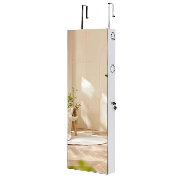 VECELO Jewelry Cabinet with Lockable 14.57 in.W Mirror, Wall/Door Mounted with LED Makeup Light, White Makeup Storage Style 2
