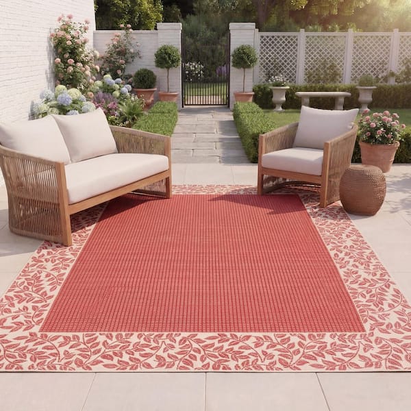 Courtyard Red/Natural 8 ft. x 11 ft. Border Indoor/Outdoor Patio Area Rug