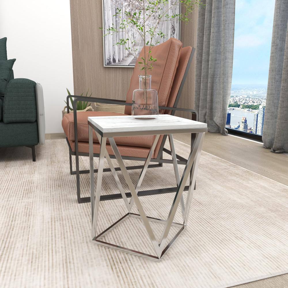 Elegant Silver Stainless Steel & Marble Square Accent Table - 18" x 21"