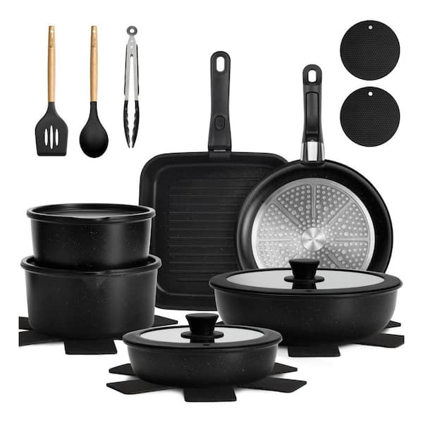 22-Piece Black Nonstick Cookware Set with Detachable Handles, Induction and Oven Safe, Includes Frying Pans