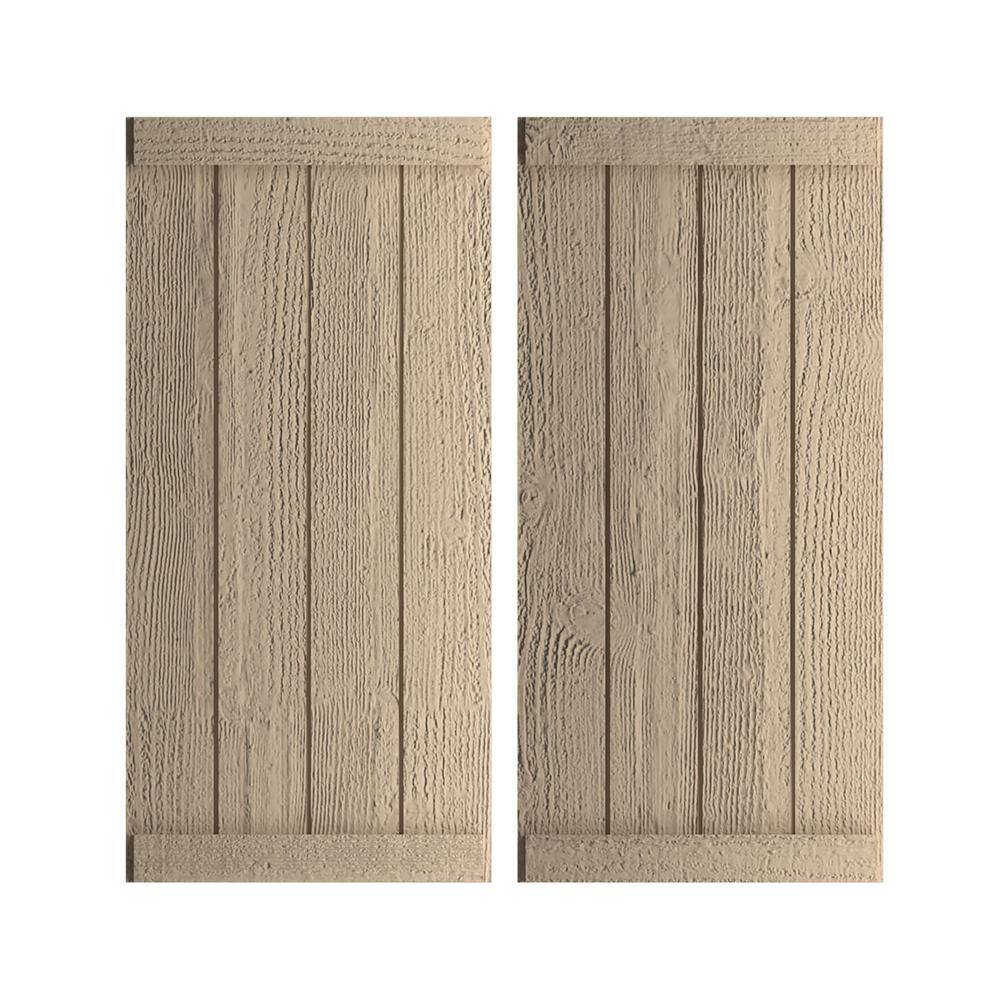 22 in. x 58 in. Timberthane Polyurethane 4-Board Joined Board-n-Batten Rough Sawn Faux Wood Shutters, End Batten Pair