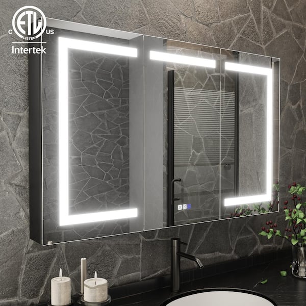 ExBrite ShineX 48 in. W x 30 in. H Rectangular Black Aluminum Recessed/Surface Mount Dual Swing Medicine Cabinet with Mirror LED
