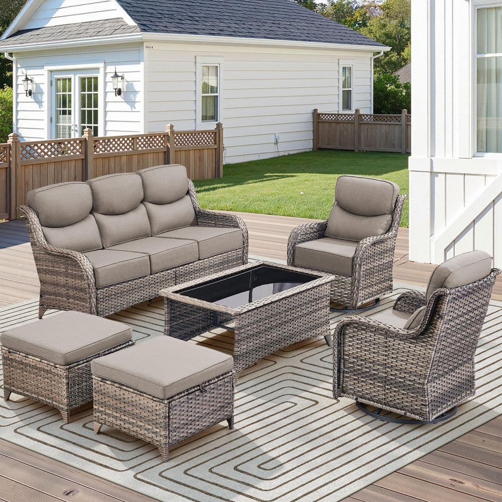 Moonluxe 6-Piece Gray Swivel Glider Wicker Patio Conversation Set with Gray Olefin 6 in. Thick Cushions/Ottomans price history on PriceWatchPro