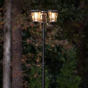 Victorian Bulb Series 3-Head Black Integrated LED Solar Outdoor Post Light and Lamp Post with warm white LED Light Bulb